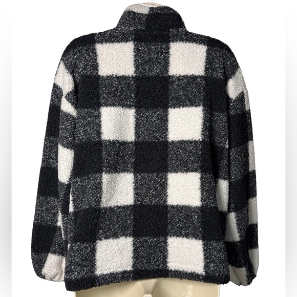 LOFT Buffalo Plaid Sherpa Snap Collar Top Black White Granola Lumberjack SZ S - Picture 3 of 6